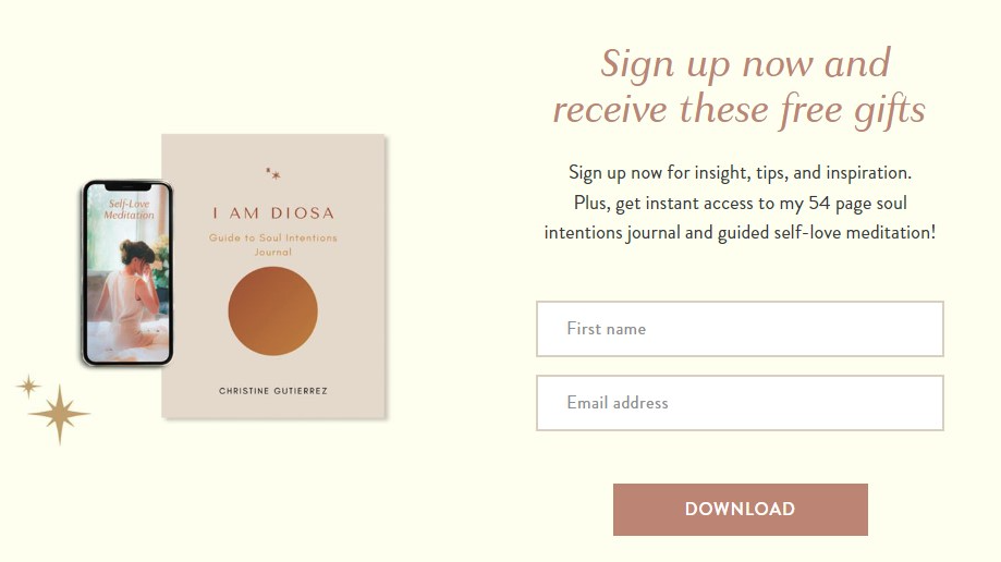 Dedicated landing page that encourages visitors to sign up for her email list